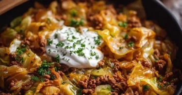 Spitzkohl-Hackfleisch-Pfanne mit frischen Zutaten in einer Pfanne zubereitet