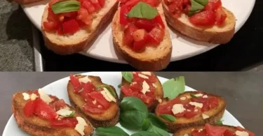 Bruschetta mit frischen Tomaten und Knoblauch auf geröstetem Brot