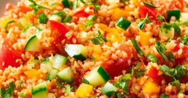 Gesunder Bulgursalat mit frischem Gemüse und Kräutern