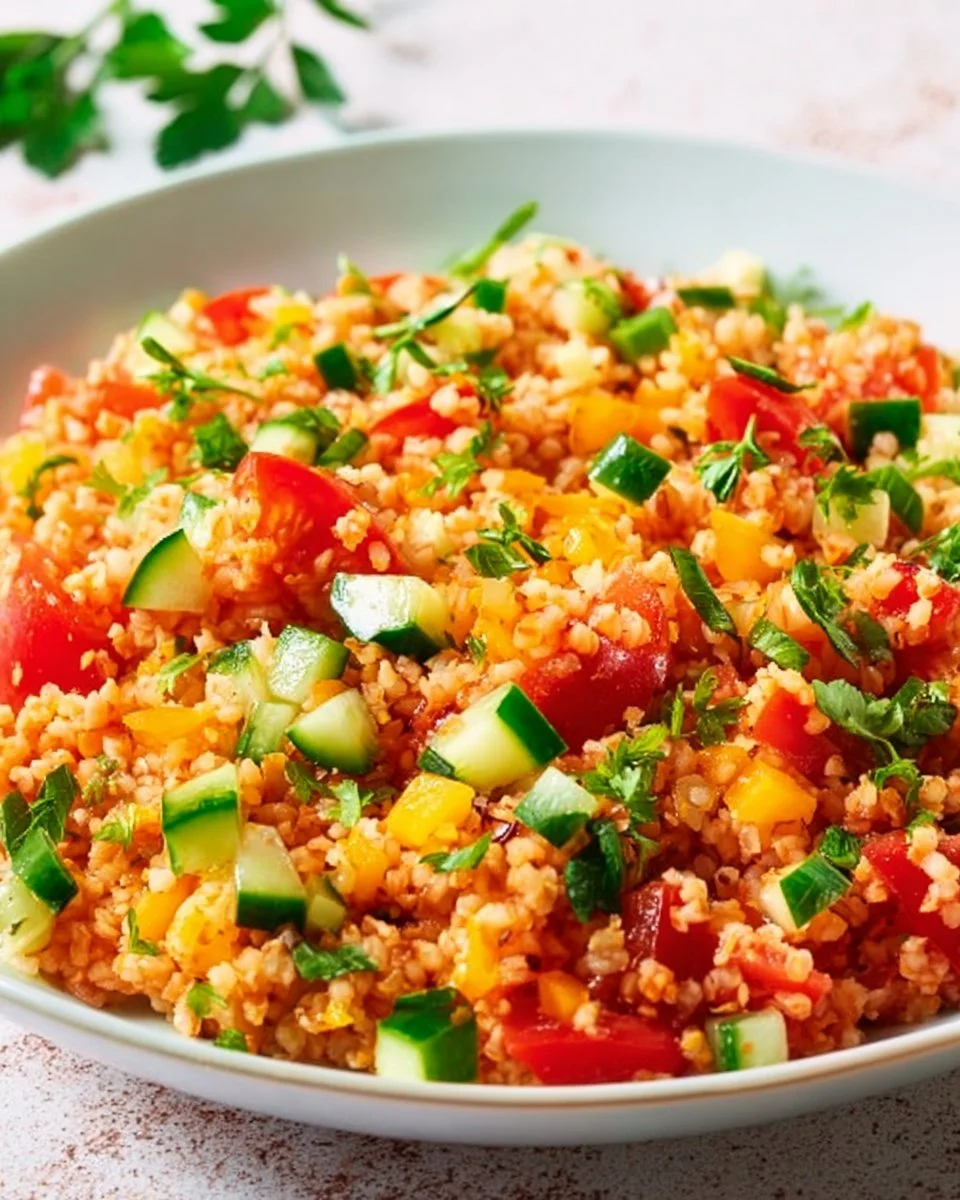 Gesunder Bulgursalat mit frischem Gemüse und Kräutern