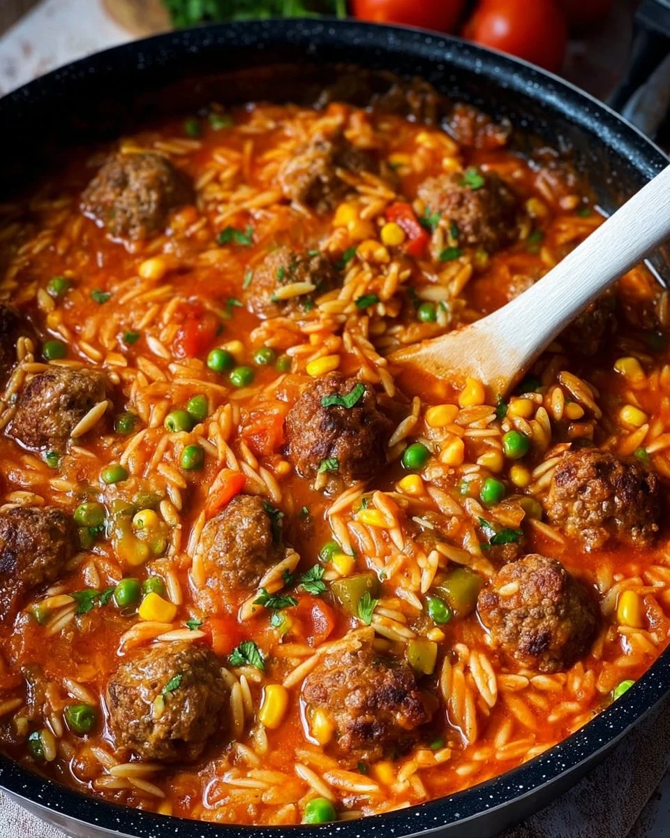 Bunte Orzo-Pfanne mit Hackbällchen und buntem Gemüse.