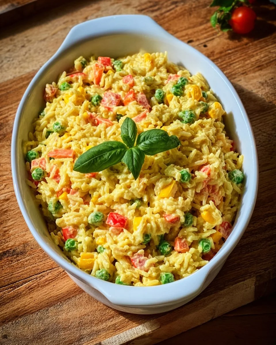 Bunter Reissalat mit Curry, frisch zubereitet und voll von Farben und Geschmack.