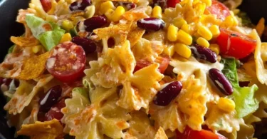Bunter Taco-Nudelsalat mit Crunch in einer Schüssel, ideal für Sommergerichte.