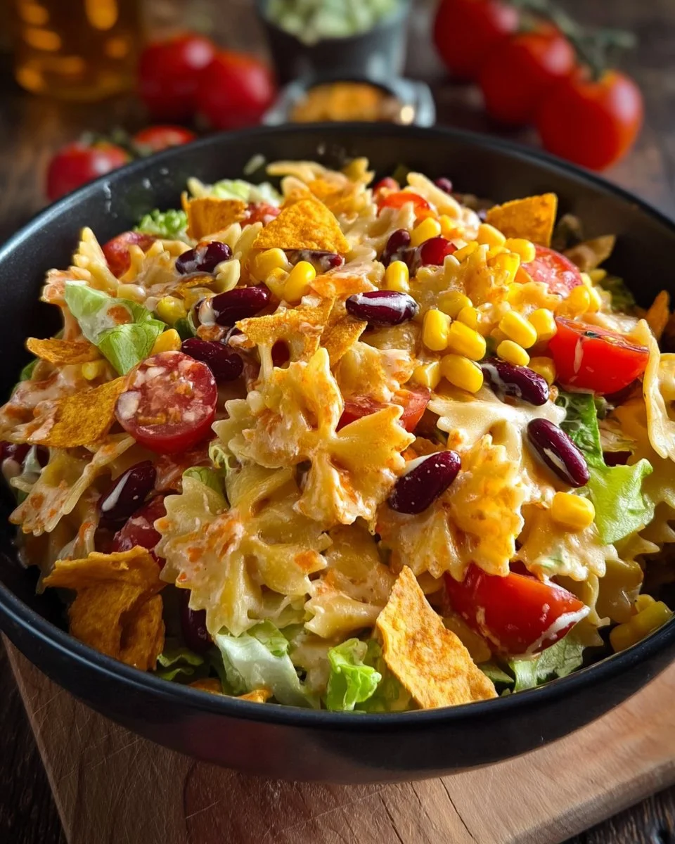 Bunter Taco-Nudelsalat mit Crunch in einer Schüssel, ideal für Sommergerichte.