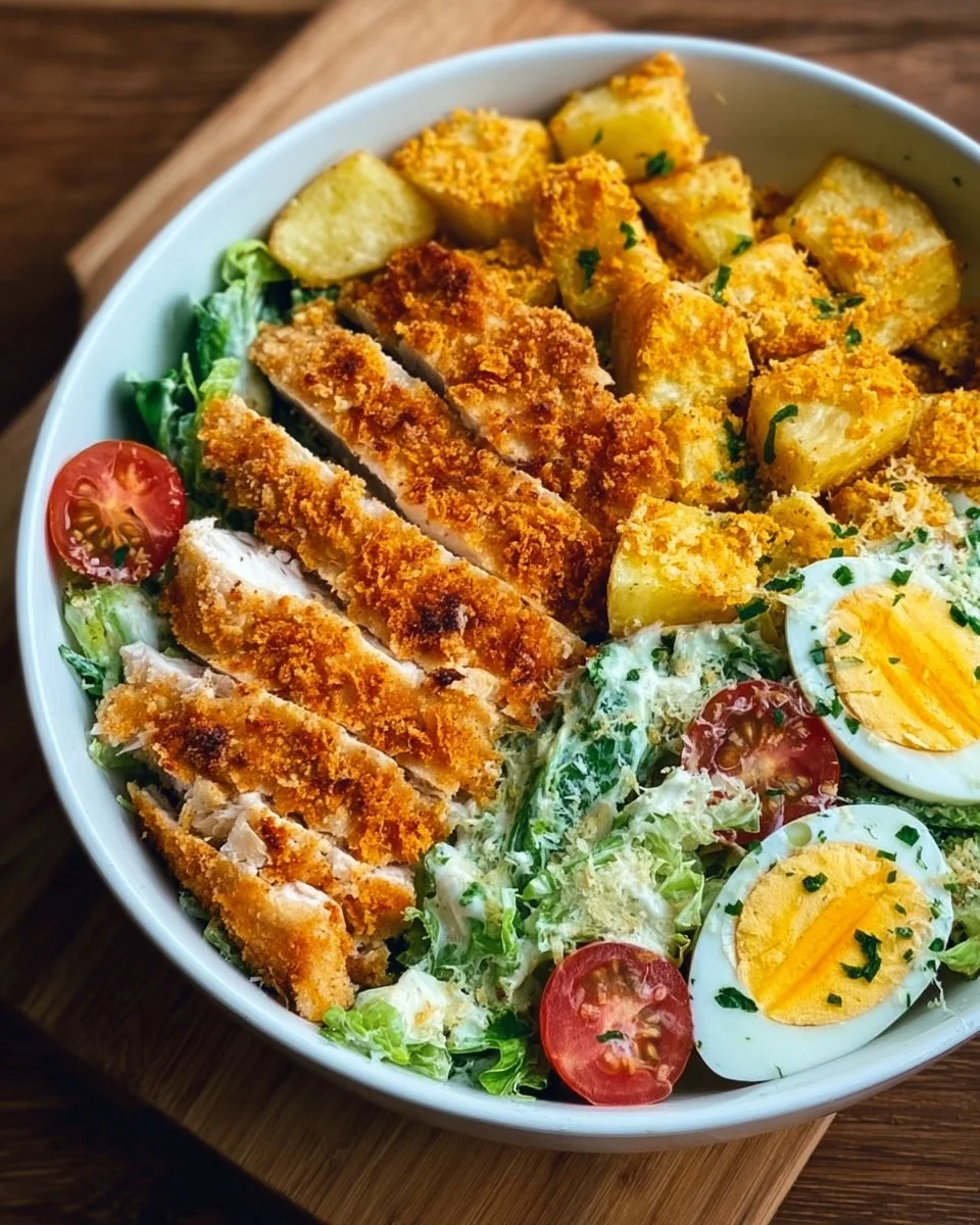 Gesunde Caesar-Hähnchen-Bowl mit knackigem Gemüse und Dressing