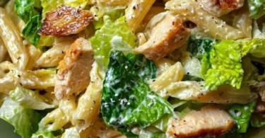 Caesar Nudelsalat mit Römersalat und Dressing auf einem Teller serviert