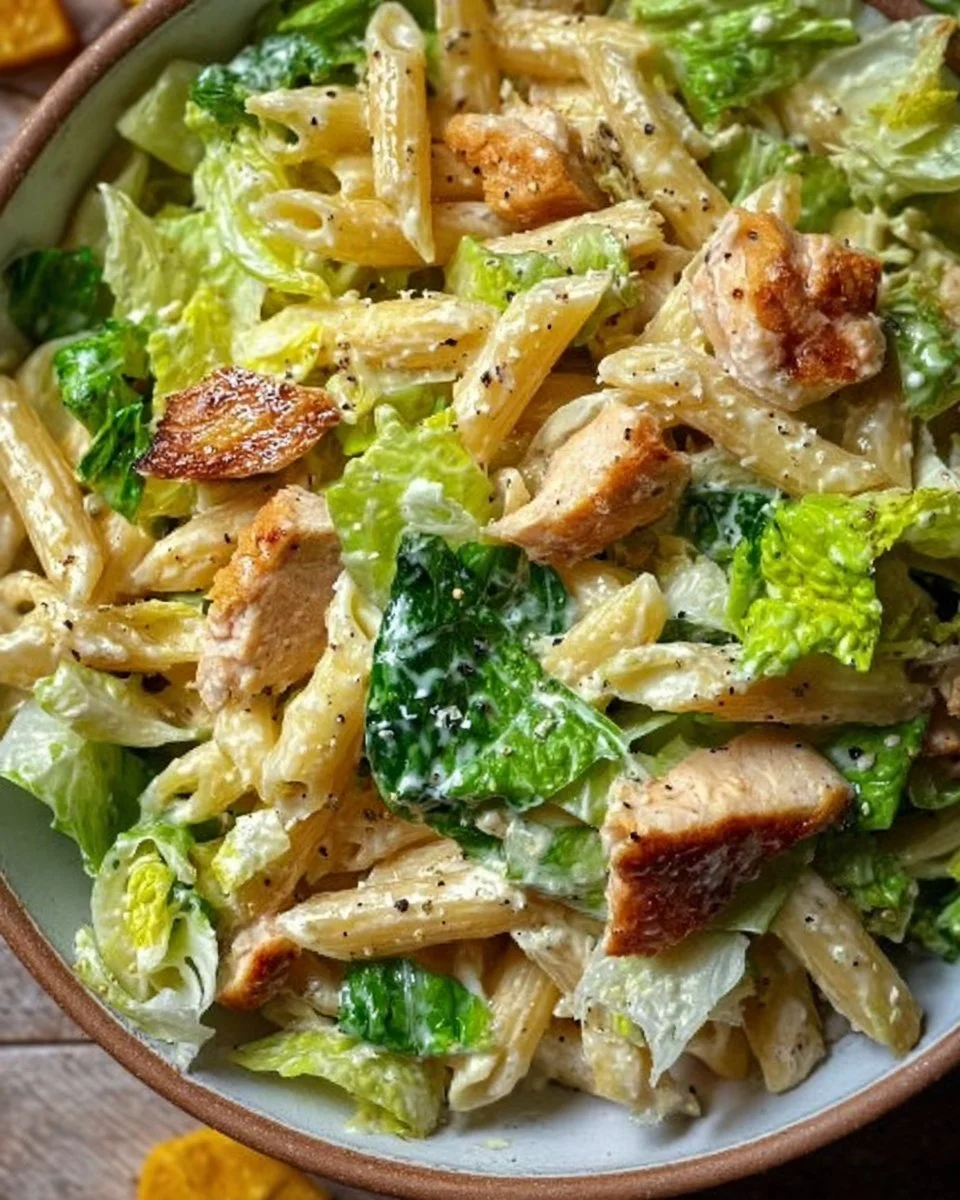 Caesar Nudelsalat mit Römersalat und Dressing auf einem Teller serviert