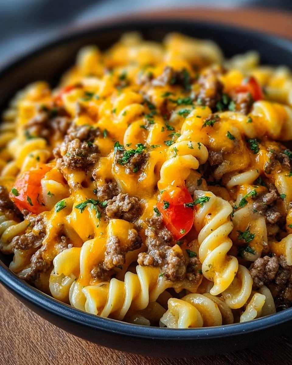 Delicious Cheeseburger Casserole dish garnished with fresh ingredients.