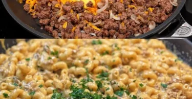 Leckere Cheeseburger Pfanne zum Sattessen mit Käse und frischen Zutaten.