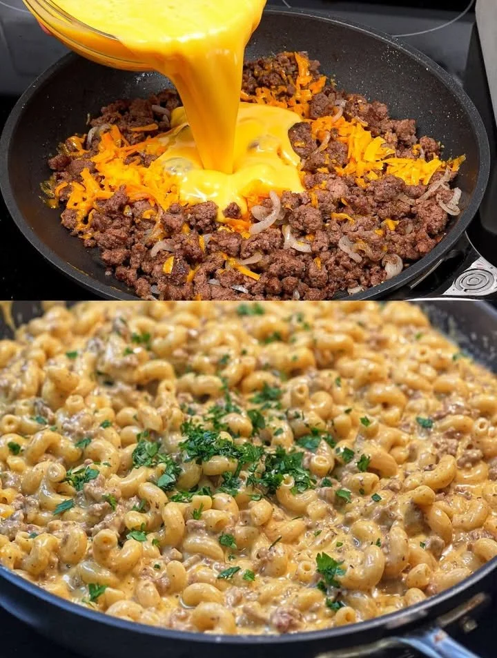 Leckere Cheeseburger Pfanne zum Sattessen mit Käse und frischen Zutaten.