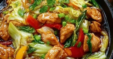 Chinesische Hähnchenpfanne mit Spitzkohl und Zwiebel auf einem Teller serviert