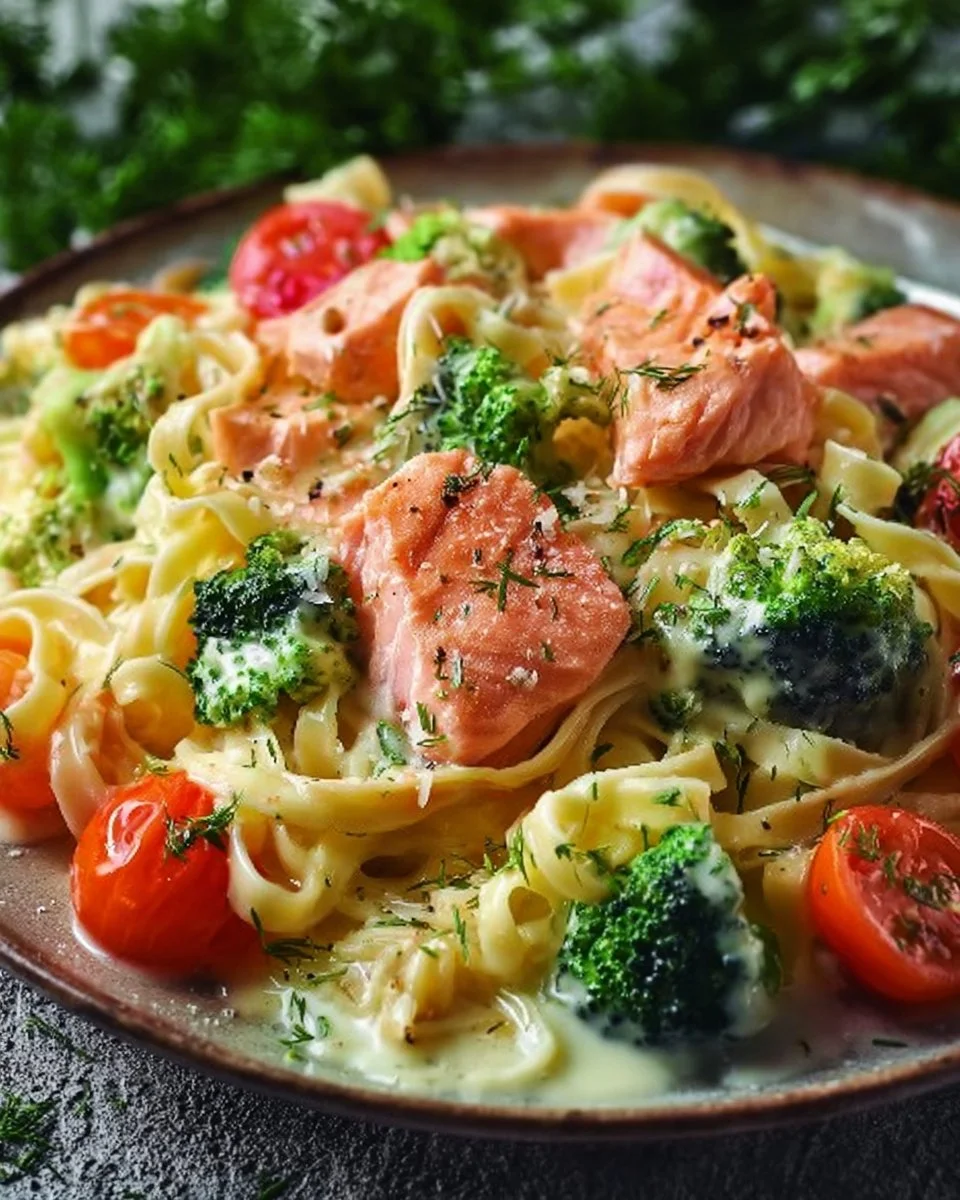Cremige Pasta mit Lachs, Brokkoli und Tomaten in einer weißen Schale