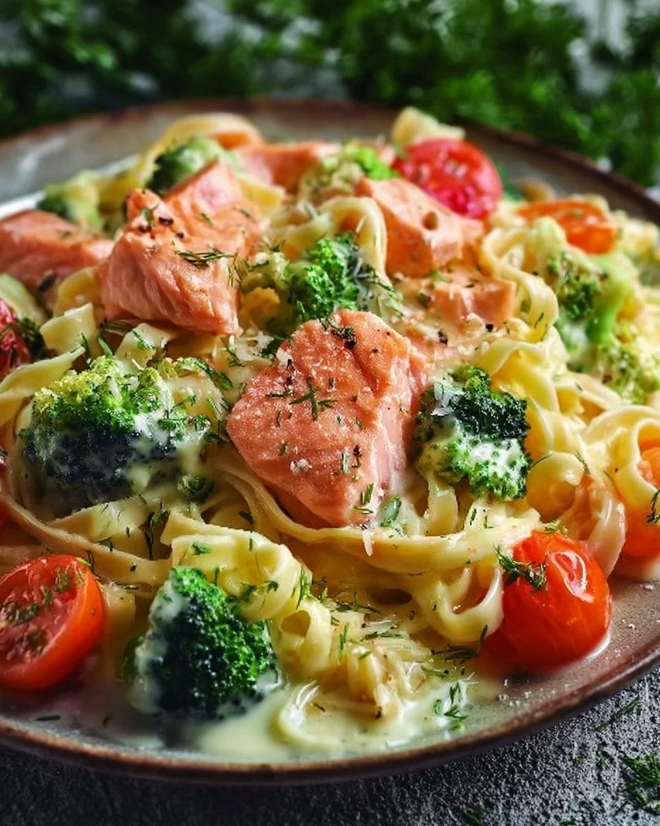 Cremige Pasta mit Lachs, Brokkoli und Tomaten