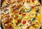 Cremige Tortellini in Hähnchen-Schmand auf einem Teller serviert