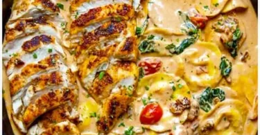 Cremige Tortellini in Hähnchen-Schmand auf einem Teller serviert