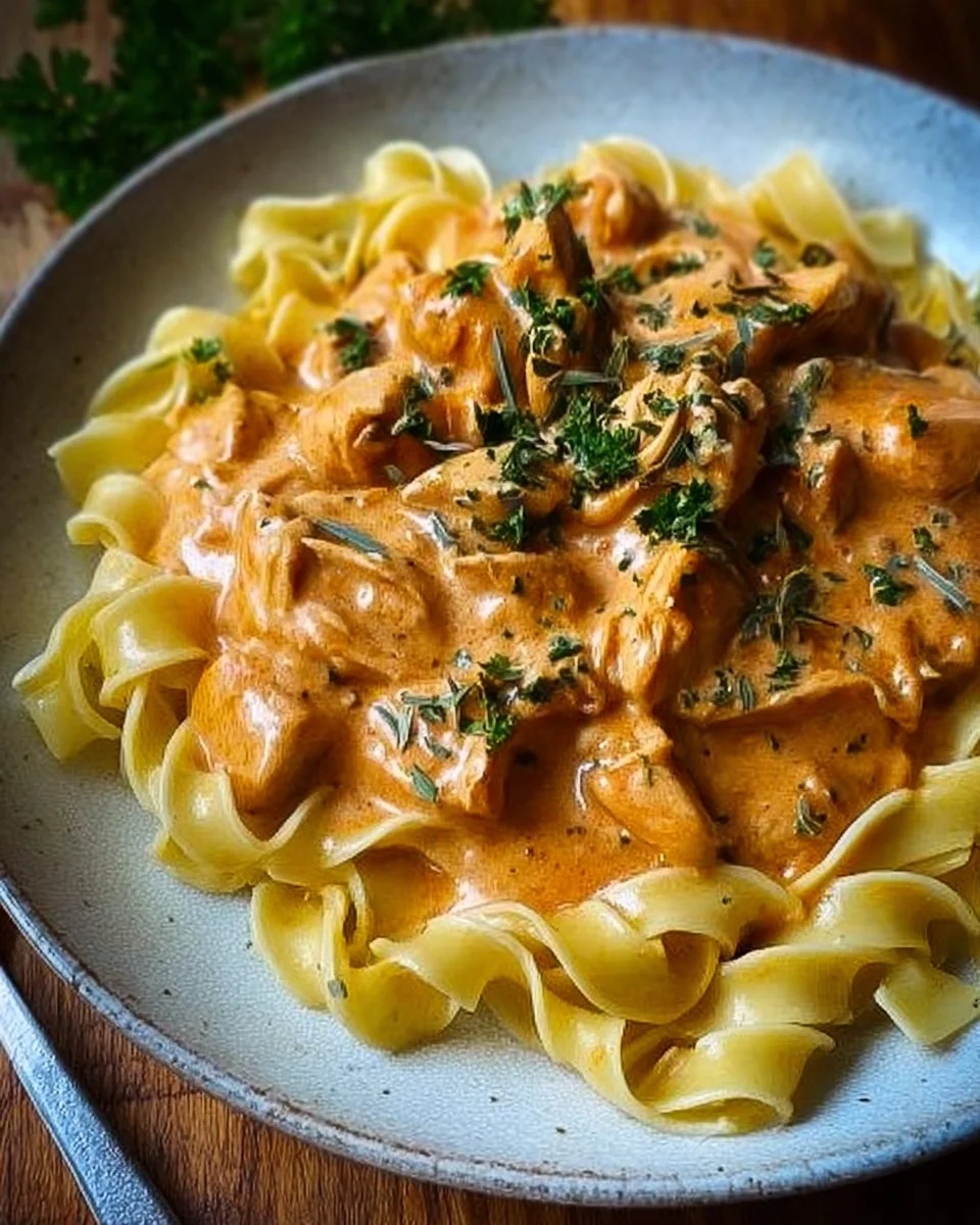 Cremiges Hähnchenragout mit Bandnudeln auf einem Teller garniert
