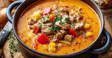 Schüssel mit deftiger Suppe, die reichhaltige Zutaten enthält.