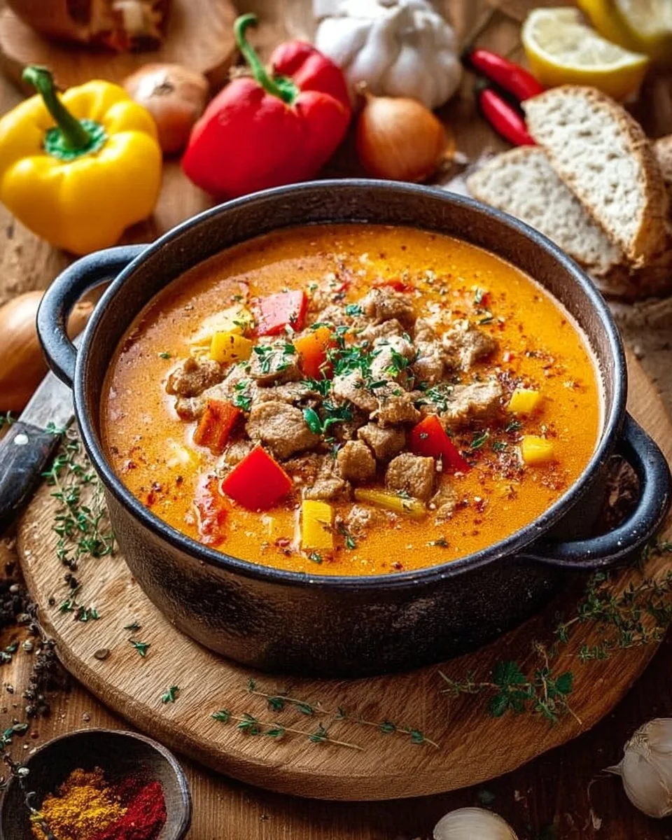 Schüssel mit deftiger Suppe, die reichhaltige Zutaten enthält.