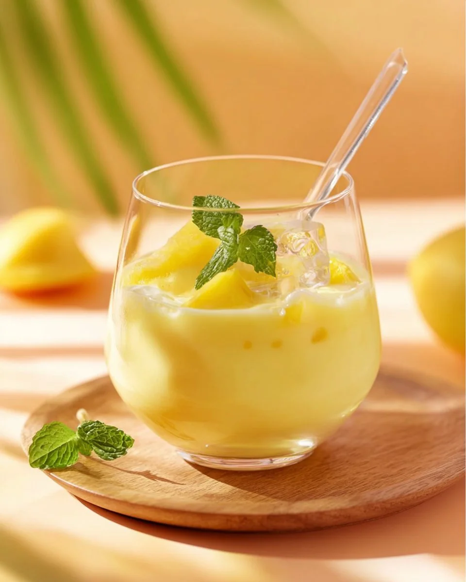 Eierlikörbowle mit Ananas und Sekt in einem Glas serviert.