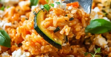 Einfache Reispfanne mit Zucchini und Feta in einer Pfanne zubereitet