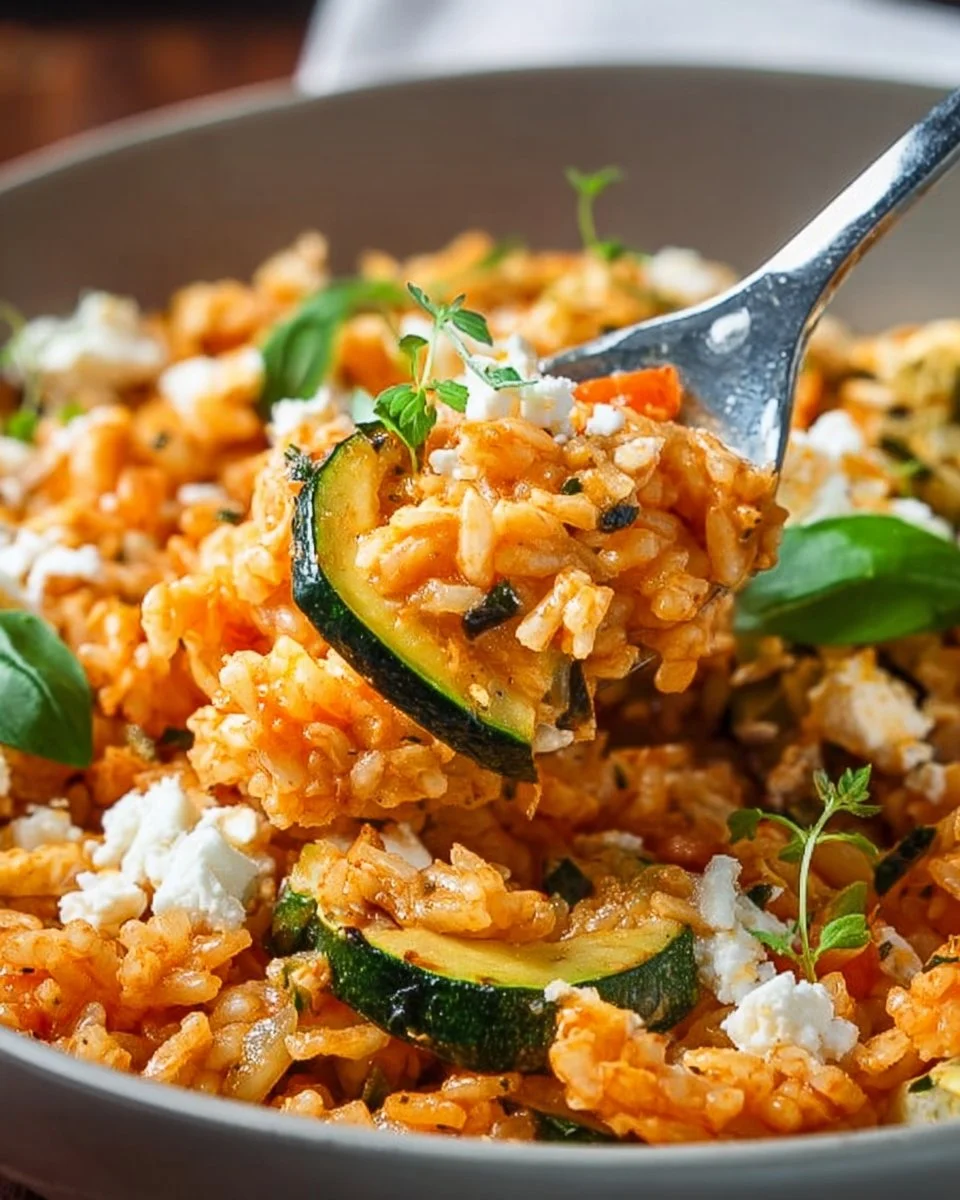 Einfache Reispfanne mit Zucchini und Feta in einer Pfanne zubereitet