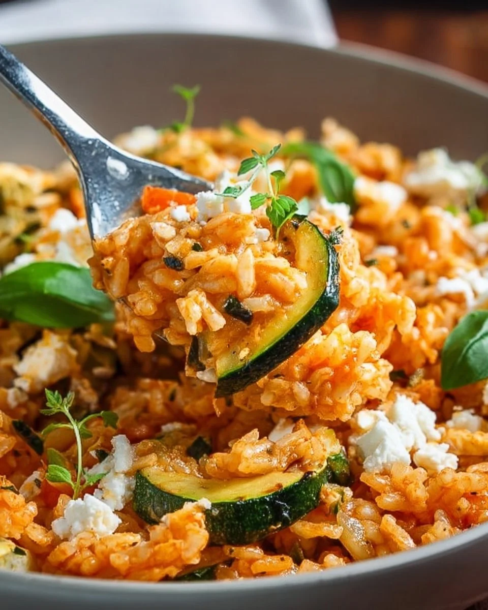 Einfache Reispfanne mit Zucchini und Feta