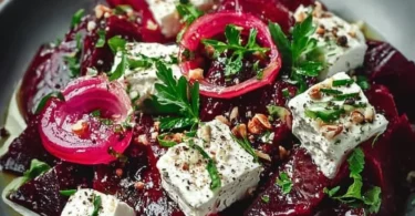 Ein leckerer Rote-Bete-und-Fetakäse-Salat in einer Schüssel präsentiert