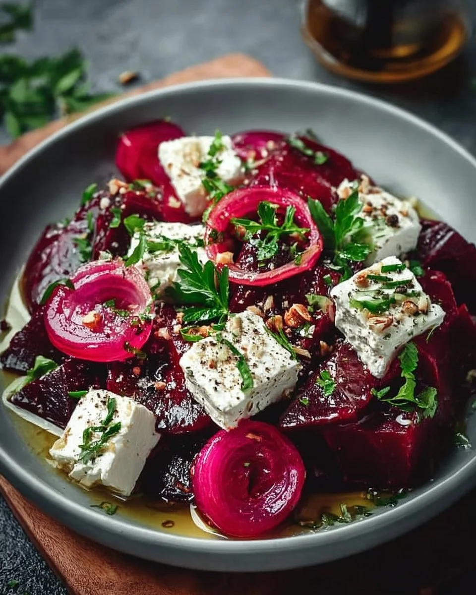 Ein leckerer Rote-Bete-und-Fetakäse-Salat in einer Schüssel präsentiert