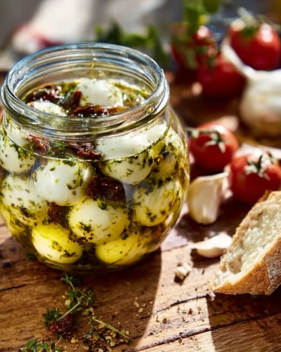 Eingelegter Mozzarella in Olivenöl mit Kräutern für aromatische Gerichte