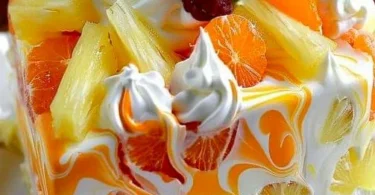 Fanta Kuchen mit Mandarinen und Ananas, appetitlicher Dessert für besondere Anlässe
