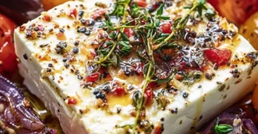 Gekochter Feta aus dem Airfryer, serviert mit frischen Kräutern und Gemüse