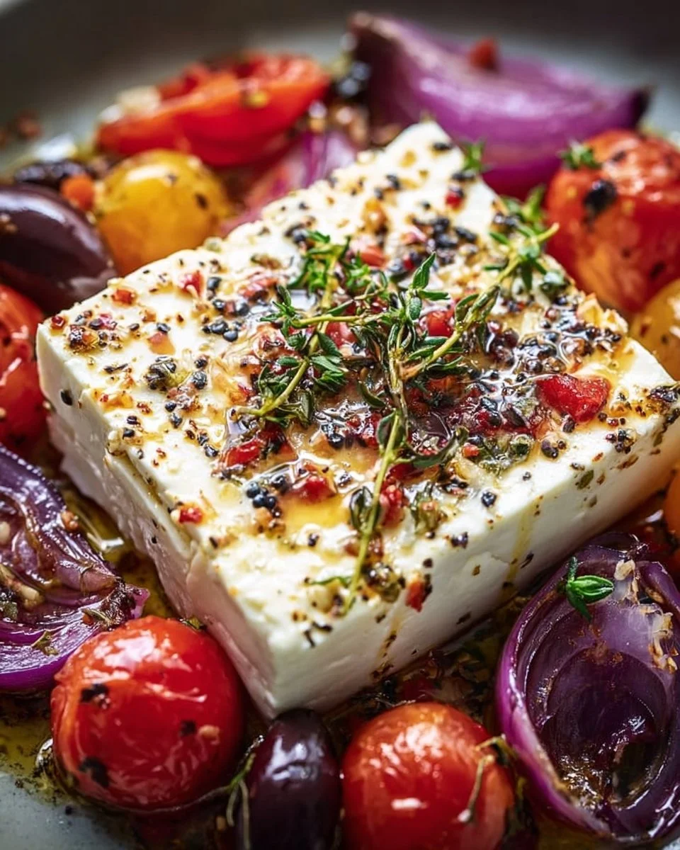 Gekochter Feta aus dem Airfryer, serviert mit frischen Kräutern und Gemüse
