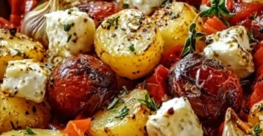 Feta Kartoffeln Ofengemüse auf einem Servierteller, garniert mit frischen Kräutern