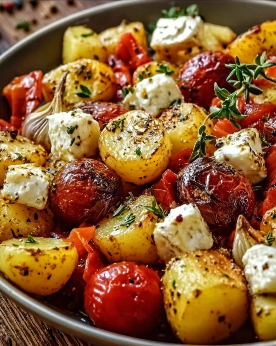 Feta Kartoffeln Ofengemüse auf einem Servierteller, garniert mit frischen Kräutern