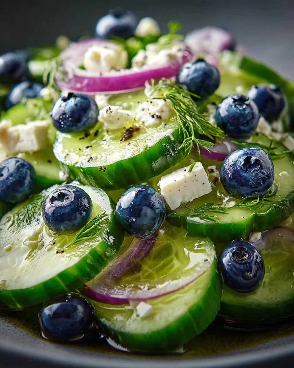 Frischer Gurken-Blaubeer-Salat mit frischen Zutaten und buntem Dressing