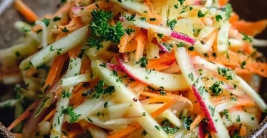 Frischer Kohlrabi Salat mit Karotten und Äpfeln auf einem Holzbrett serviert
