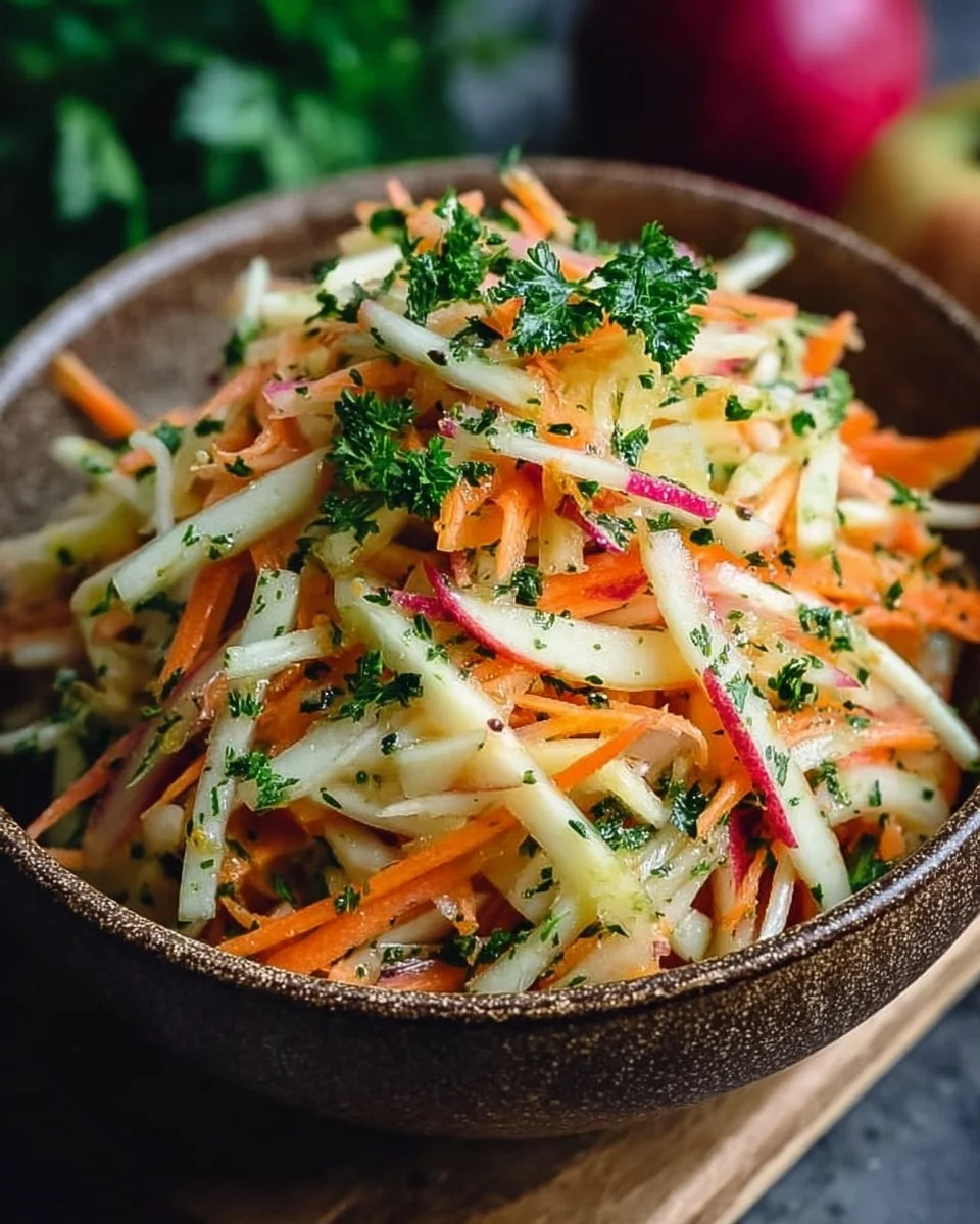 Frischer Kohlrabi Salat mit Karotten und Äpfeln auf einem Holzbrett serviert
