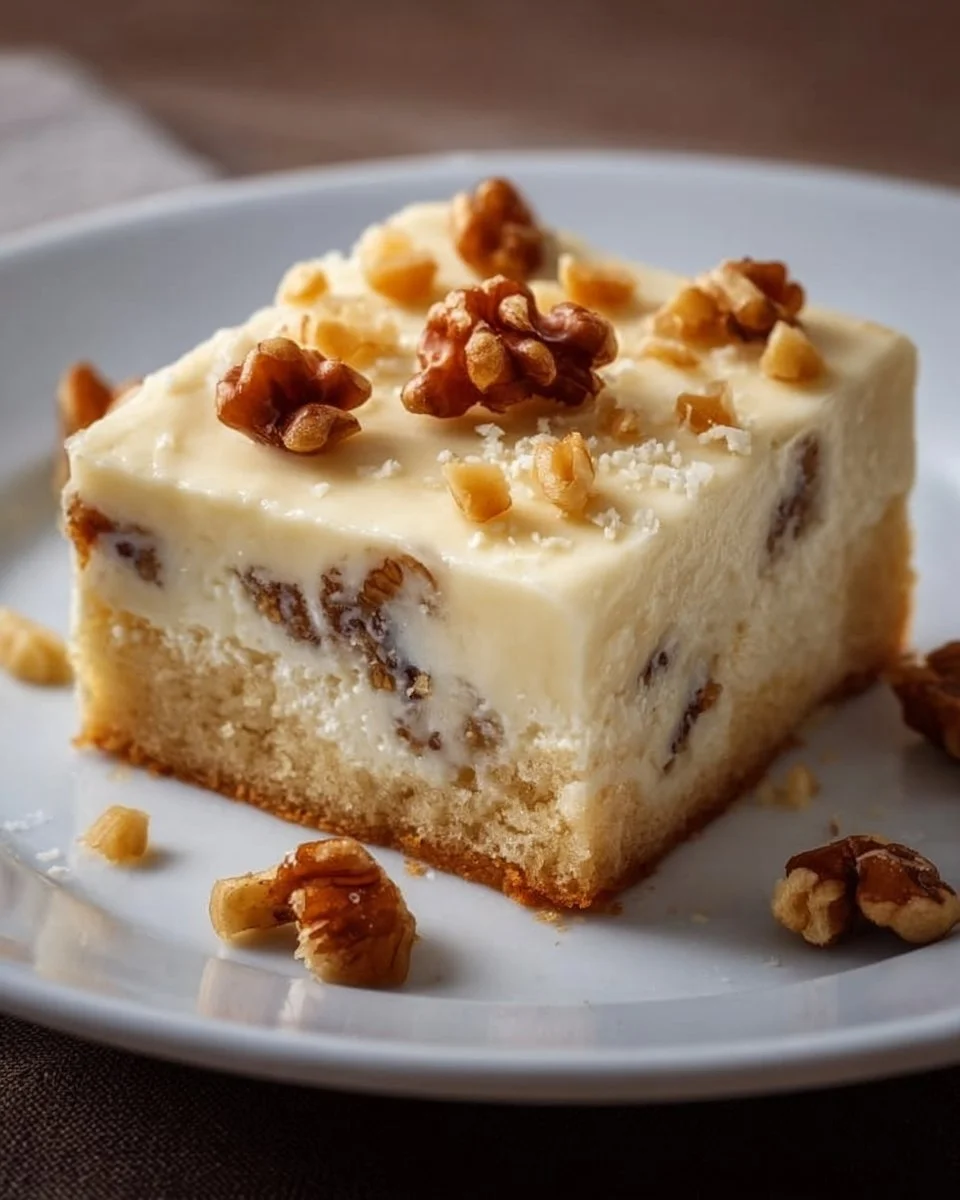 Leckerer Kuchen mit Pudding und Walnüssen auf einem Teller serviert