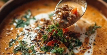 Cremige Käsesuppe mit Hackfleisch in einer Schüssel serviert