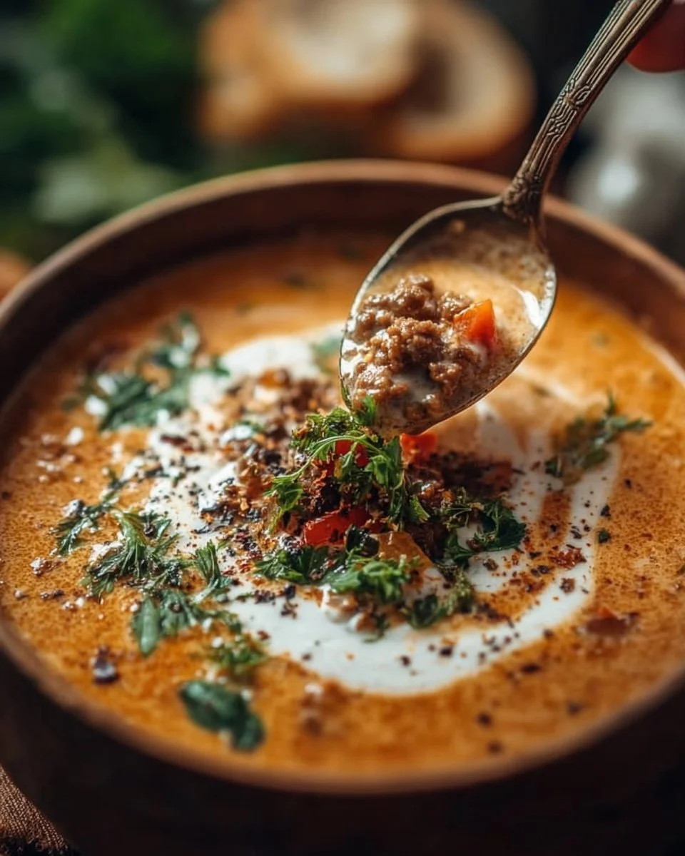 Cremige Käsesuppe mit Hackfleisch in einer Schüssel serviert