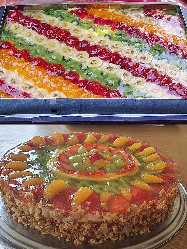Leckerer Früchteboden mit Pudding und glanzvoller Fruchtdekorierung