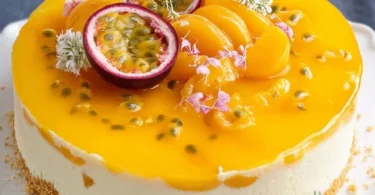 Fruchtige Pfirsich-Maracuja-Torte auf einem Kuchenteller