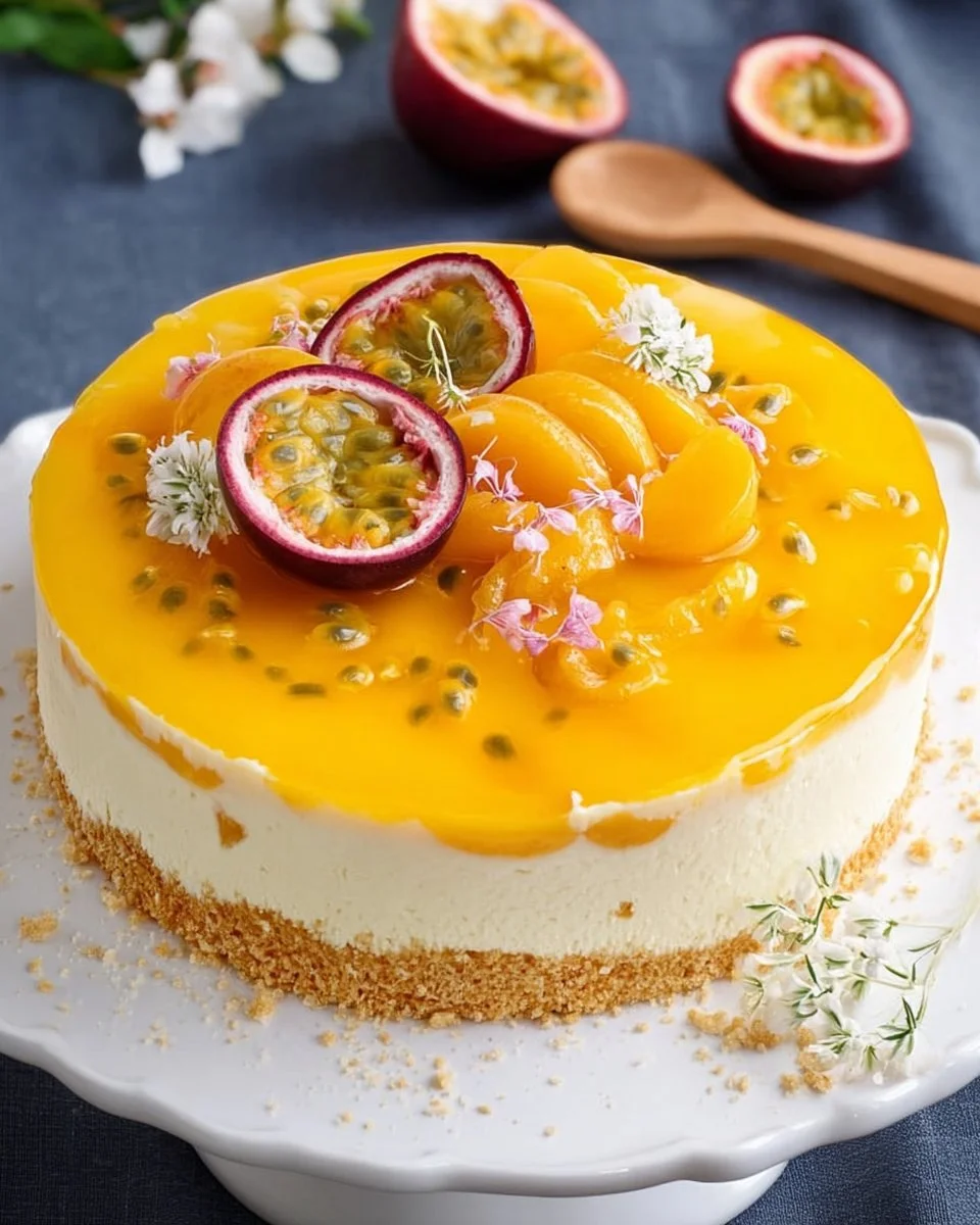 Fruchtige Pfirsich-Maracuja-Torte auf einem Kuchenteller