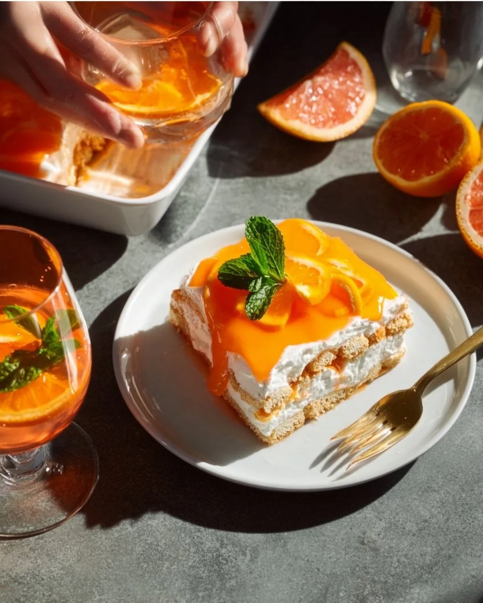 Fruchtiges Aperol Spritz-Tiramisu mit frischen Zutaten und spritzigem Geschmack