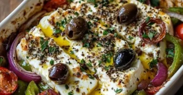 Gebackener Schafskäse auf griechische Art, serviert mit frischen Kräutern und Olivenöl.