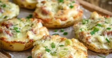 Gefüllte Kartoffeln mit Crème fraîche, Schinken und Lauchzwiebeln auf einem Teller.