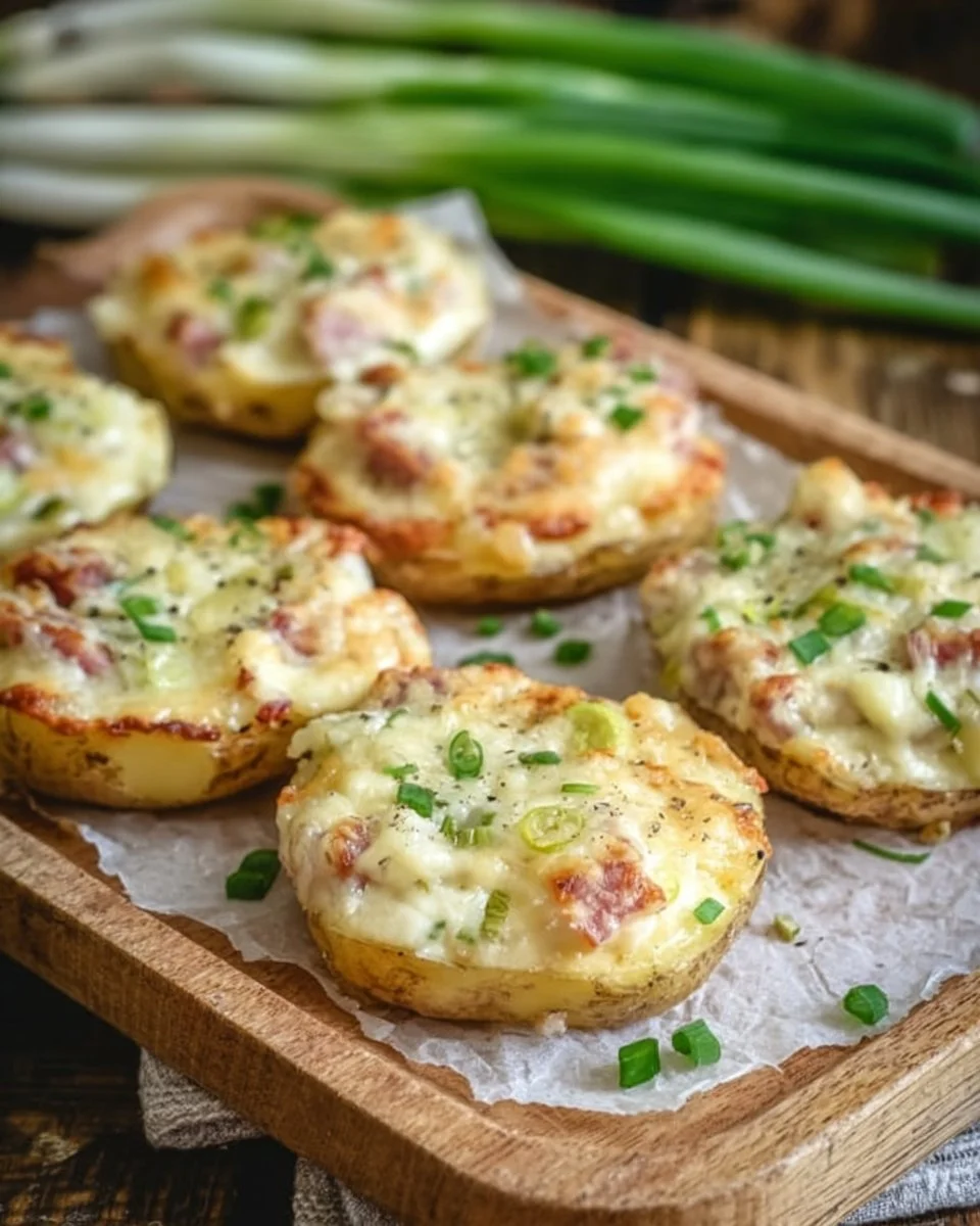 Gefüllte Kartoffeln mit Crème fraîche, Schinken und Lauchzwiebeln auf einem Teller.
