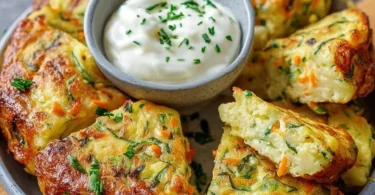 Veggie pancakes with herb dip, a healthy and delicious recipe.