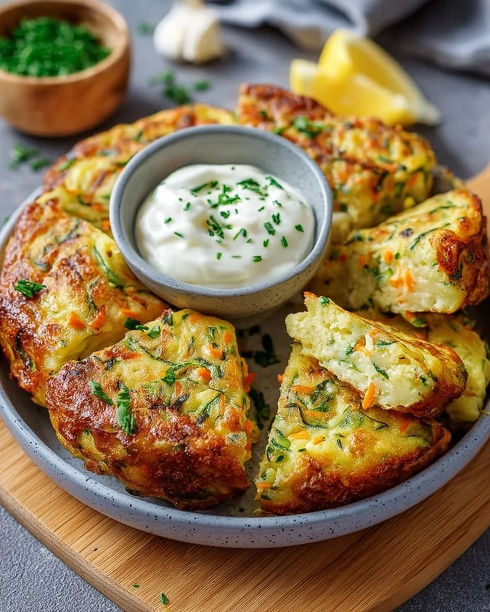 Veggie pancakes with herb dip, a healthy and delicious recipe.