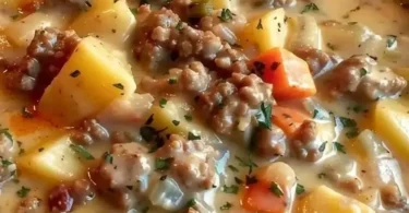 Gemüsesuppe mit Hackfleisch in einem bunten Teller serviert